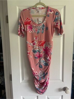 Motherhood Maternity Pink Floral Scoop Neck Midi Dress pink and blue baby shower